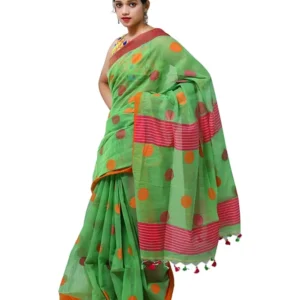 Ball Butti Khadi Cotton Green Saree