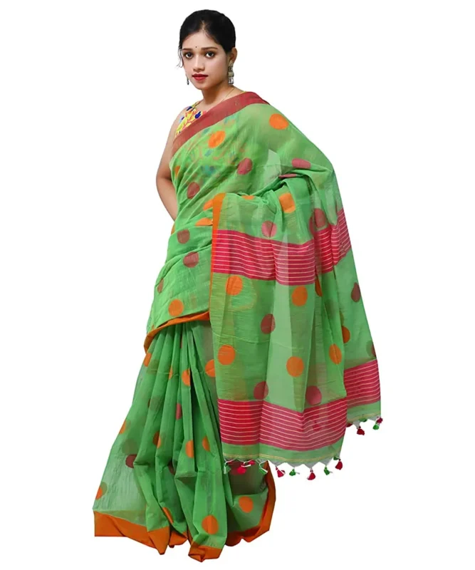 Ball Butti Khadi Cotton Green Saree